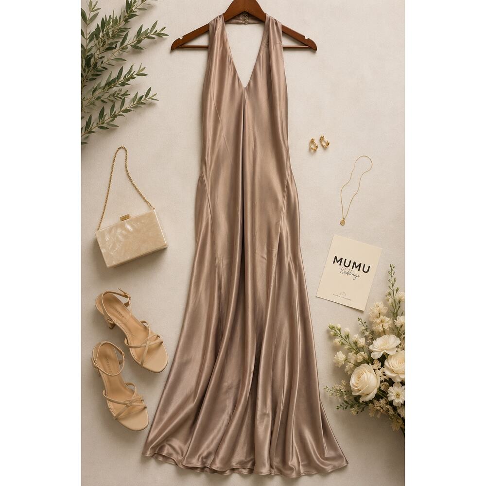 Show Me Your Mumu Jasmine Halter Maxi Dress Champagne Satin Wedding Guest NWT M
